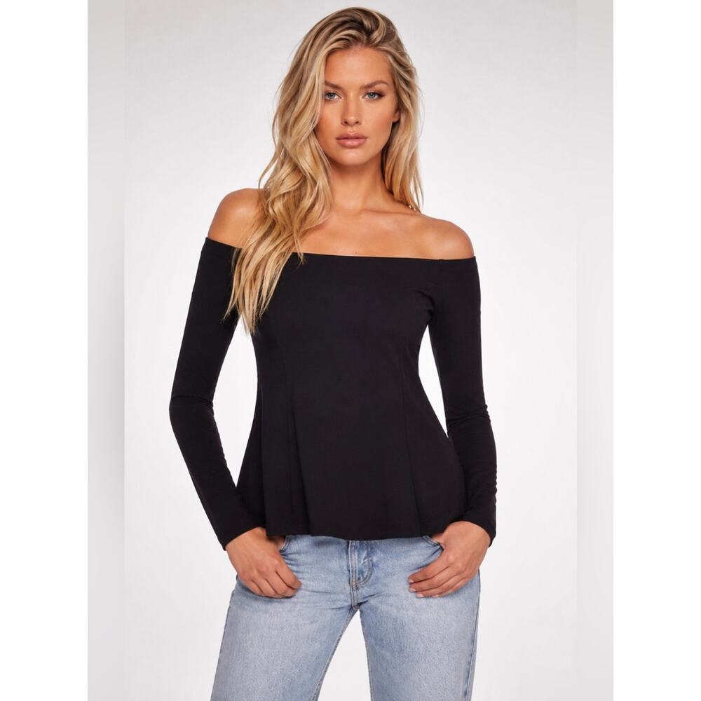Susana Monaco Black Off Shoulder Peplum Top Long Sleeve NWT Size XS Made in USA - Picture 7 of 7
